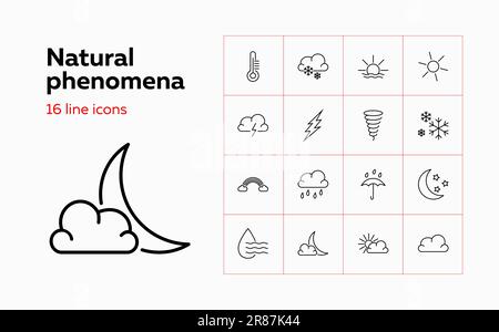 Natural phenomena icons. Set of line icons on white background. Rainfall, cloudscape, thunderbolt. Weather concept. Vector can be used for topics like Stock Vector