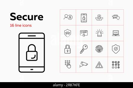 Secure line icon set. Secured access, smartphone Stock Vector