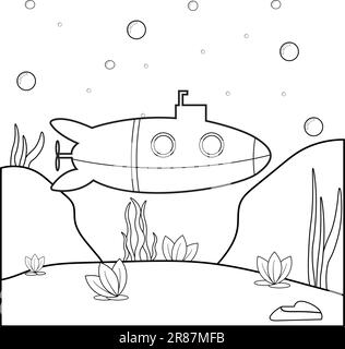 Coloring page of a Cartoon Submarine underwater. Illustration for coloring page for kids Stock Vector