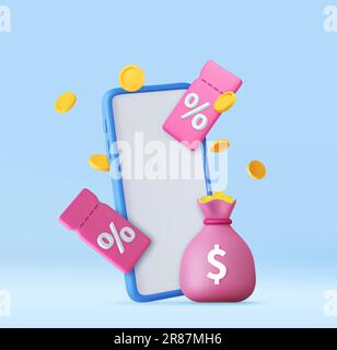 3D Gift Coupon on mobile phone. Stock Vector