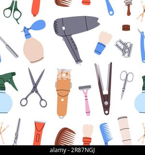 Barber shop pattern. Hairdresser seamless background. Barber shop tools. Hairdresser tools banner. Stock Vector