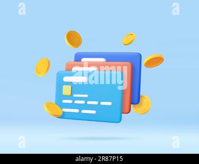 3d Credit card, floating coins around Stock Vector