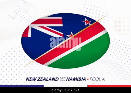 Rugby match between New Zealand and Namibia, concept for rugby tournament. Vector flags stylized in shape of oval ball. Stock Vector