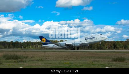 Passenger airplane Boeing 747 from Lufthansa departing from  germanys biggest airport October 25, 2022, Frankfurt Airport, Germany Stock Photo