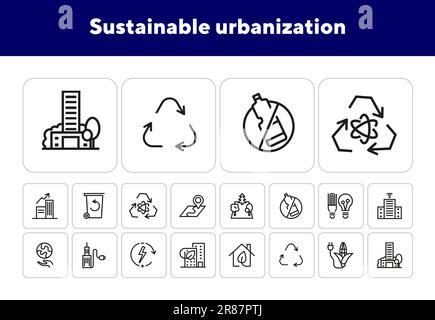Sustainable urbanization line icon set Stock Vector