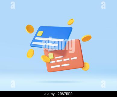 3d Credit card, floating coins around Stock Vector