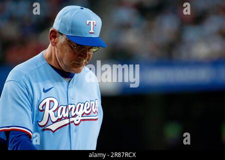 Houston, United States. 14th Apr, 2023. Texas Rangers manager Bruce Bochy  (15) during the MLB game between the Texas Ranges and the Houston Astros on  Friday, April 14, 2023 at Minute Maid