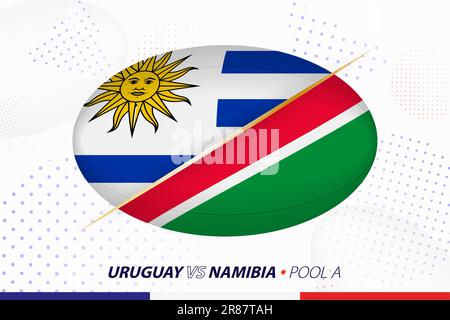 Rugby match between Uruguay and Namibia, concept for rugby tournament. Vector flags stylized in shape of oval ball. Stock Vector