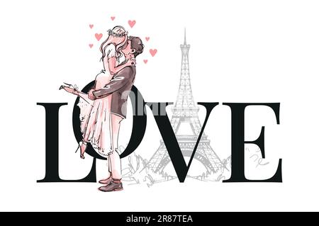 Love poster, wedding in Paris, the groom hugs and dances with the bride, the eiffel tower and a couple in love. Vector fashion sketch banner isolated Stock Vector