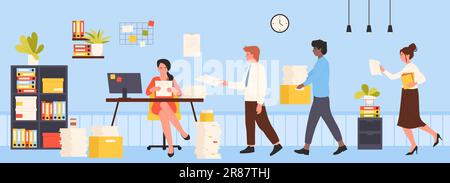 Office bureaucracy vector illustration. Cartoon employees carrying stacks and piles of paper documents for female boss sitting at table, among scattered folders of unorganized information and boxes Stock Vector