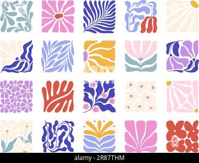 Trendy abstract botanical tiles, matisse inspired graphic art. Floral contemporary elements, decorative fashion design. Racy plants vector clipart Stock Vector