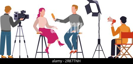 Journalist. Newscaster profession. Record press interview. Operator with camera, man with microphone in studio, online broadcast and television Stock Vector