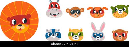 Cartoon animal superhero cute faces. Heroes bear, monkey, raccoon and dog in masks. Children stickers, wild animals avatars vector set Stock Vector