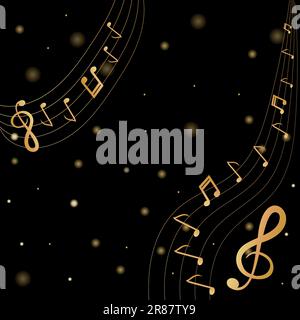 Musical background with clef and notes and 3D effects in gold tone on black background Stock Vector