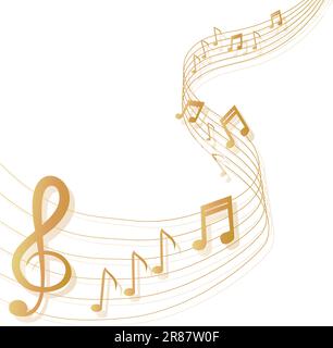 Musical background with clef and notes and 3D effects in gold tone on black background Stock Vector
