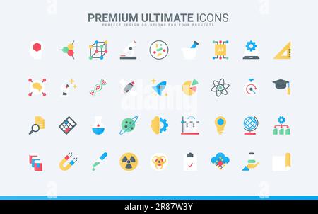 Scientific laboratory equipment symbols, knowledge and study of chemistry, physics and biology in university, data analysis. Science research technolo Stock Vector