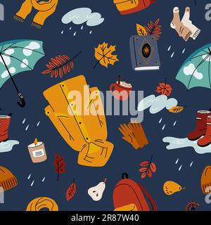 Cartoon autumn elements. Fall season seamless pattern. Cozy clothes. Shoes and warm wool socks. Seasonal objects. Umbrella for rainy weather. Yellow r Stock Vector