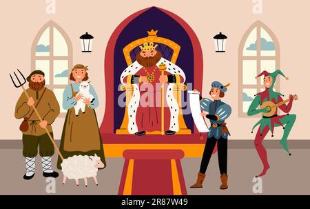 King in throne room. Royal reception of visitors. Peasants with pitchforks and sheep in palace hall. Court jester dance. Ancient farmers family and he Stock Vector
