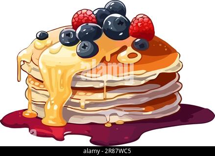Stack of pancakes with fresh berries and syrup Stock Vector
