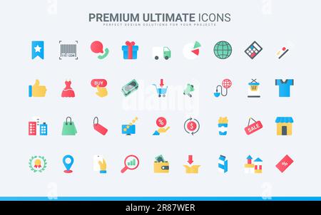 Discount gifts, price tag and payment in retail store, basket cart with food, mobile app interface symbols. Business, internet technology for commerce Stock Vector