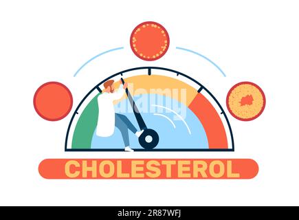 Physicians care for lowering cholesterol level in body. Doctor pushing speedometer arrow. Measuring instrument. Blood arterial vessel with fat. Medica Stock Vector