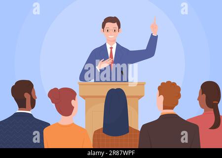 Public speech of confident man leader in front of audience vector illustration. Cartoon male speaker character speaking to crowd of people politician in suit standing at podium with microphone to talk Stock Vector