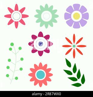 Retro Groovy Flowers And Leaves. Collection Of Different Doodle Flowers In Hippie Style Stock Vector