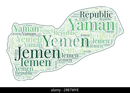 Yemen shape filled with country name in many languages. Yemen map in wordcloud style. Astonishing vector illustration. Stock Vector