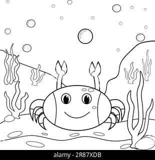 Coloring page of a Cartoon Crab underwater. Illustration for coloring page for kids Stock Vector