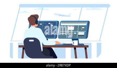 Air traffic controller and supervisor in airport tower controls flight of planes. Airline staff. Man sitting at computer. Employee coordinating airpla Stock Vector