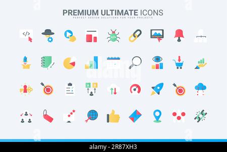 Social media campaign for audience and support, creative idea content and communication, digital marketing process. SEO, online business technology trendy flat icons set vector illustration Stock Vector