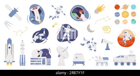 Space set vector illustration. Cartoon isolated collection with male and female astronauts inside and outside of spaceship, solar system planets and satellite, shuttle, observatory telescope and rover Stock Vector