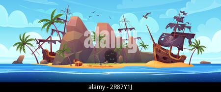 Wreck of pirate ships on desert island vector illustration. Cartoon island tropical landscape with sand beach and sea waves, open treasure chest, old broken wooden pirate boats with torn black sails Stock Vector