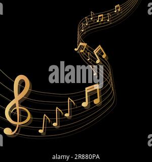 Musical background with clef and notes and 3D effects in gold tone on black background Stock Vector