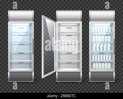 Realistic fridge with cold drinks. Supermarket equipment, empty and full store vertical refrigerator, bottles with blank objects, open and closed glas Stock Vector