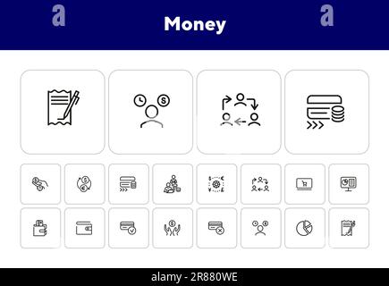 Money line icon set. Currency, credit card Stock Vector