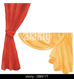 Set of Classic elegant yellow red curtain for the interior of a cozy home. Velvet purple curtain of the theater, performance, circus, exhibition Stock Photo