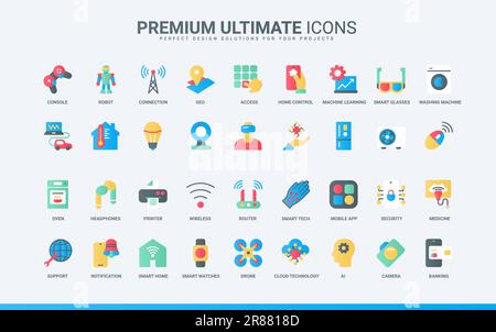 Virtual reality technology, autonomous lighting and automated software to control temperature of house, air conditioner and drone. Smart home devices trendy flat icons set vector illustration Stock Vector