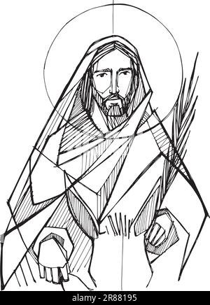 Hand drawn vector illustration or drawing of Jesus entering Jerusalem on a donkey. Stock Vector