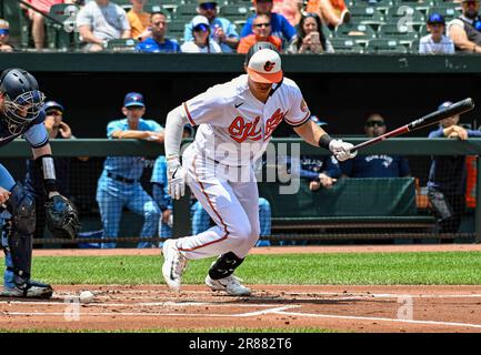 Baltimore Orioles' Adley Rutschman follows through on a swing during the  first inning of a baseball game between the Baltimore Orioles and the  Toronto Blue Jays, Thursday, Aug. 24, 2023, in Baltimore.