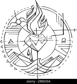 Hand drawn vector illustration or drawing of the sacred heart Stock Vector