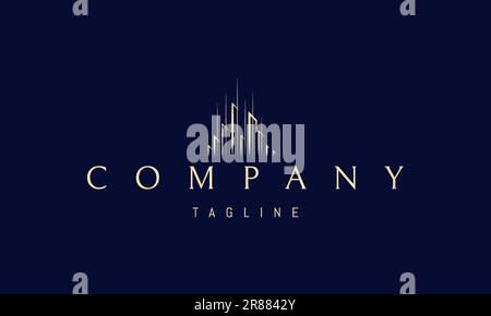 Vector golden logo on which an abstract image of a high-tech city in a linear style. Stock Vector