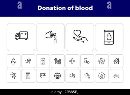 Donation of blood line icon set Stock Vector