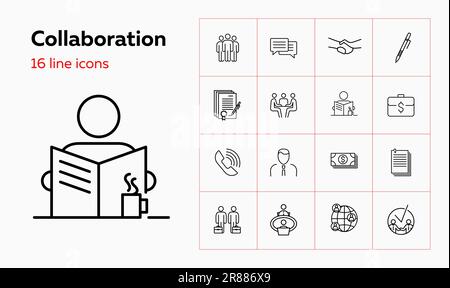 Collaboration line icon set. Partners, meeting, handshake, contract. Business concept. Can be used for topics like partnership, deal, agreement Stock Vector
