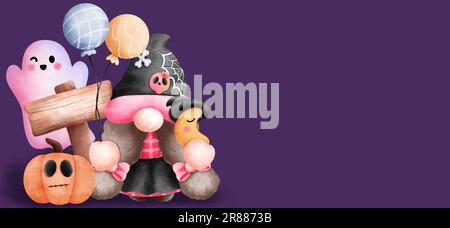 Happy halloween banner template with cute gnome illustration.Cute gnome with baby ghost,halloween pumpkin,crescent moon,wooden sign and balloons isola Stock Photo