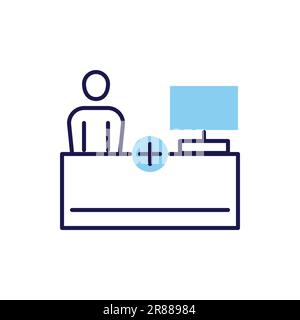 Reception related vector line icon. Person, table, computer, medical cross. Isolated on white background. Vector illustration. Editable stroke Stock Vector