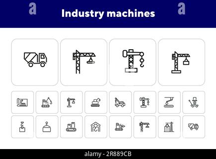 Industry machines line icon set Stock Vector