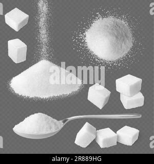 Realistic white sugar, heap salt and sugar in metallic spoon. Sugaring cubes and pile, sweet sand for food, cooking and bakery. Pithy vector set Stock Vector