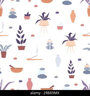 Relax and meditation, wellness yoga studio elements. Candles, plants in pots, balance stones and vase. Fabric print vector seamless pattern Stock Vector