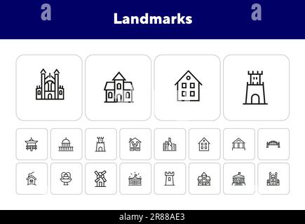 Landmarks line icon set. House, bridge, mill Stock Vector